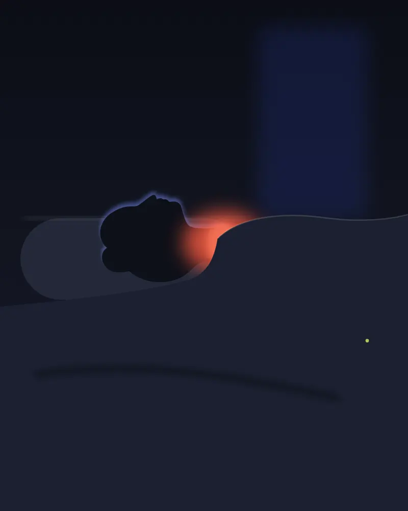 A person lying in a dark room, with a soft warm glow near the collar. Concept illustration for the night neck warmer, not the final product.