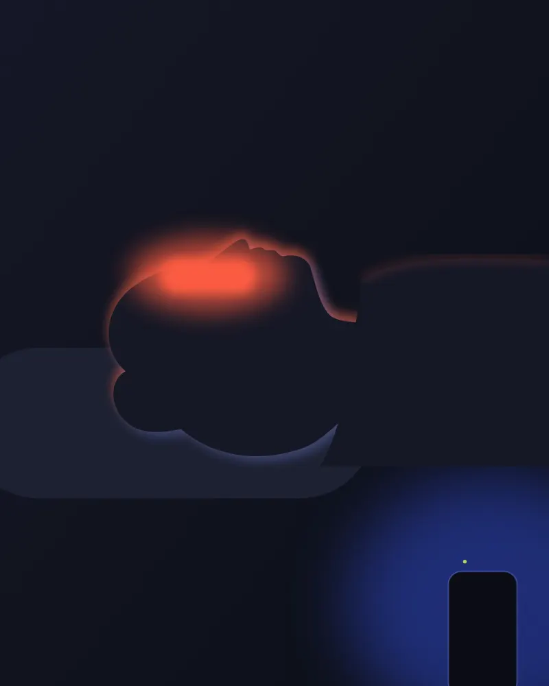 A person resting with eyes closed under a warm band of light, a phone glow fading in the corner. Concept illustration for the warm eye mask, not the final product.